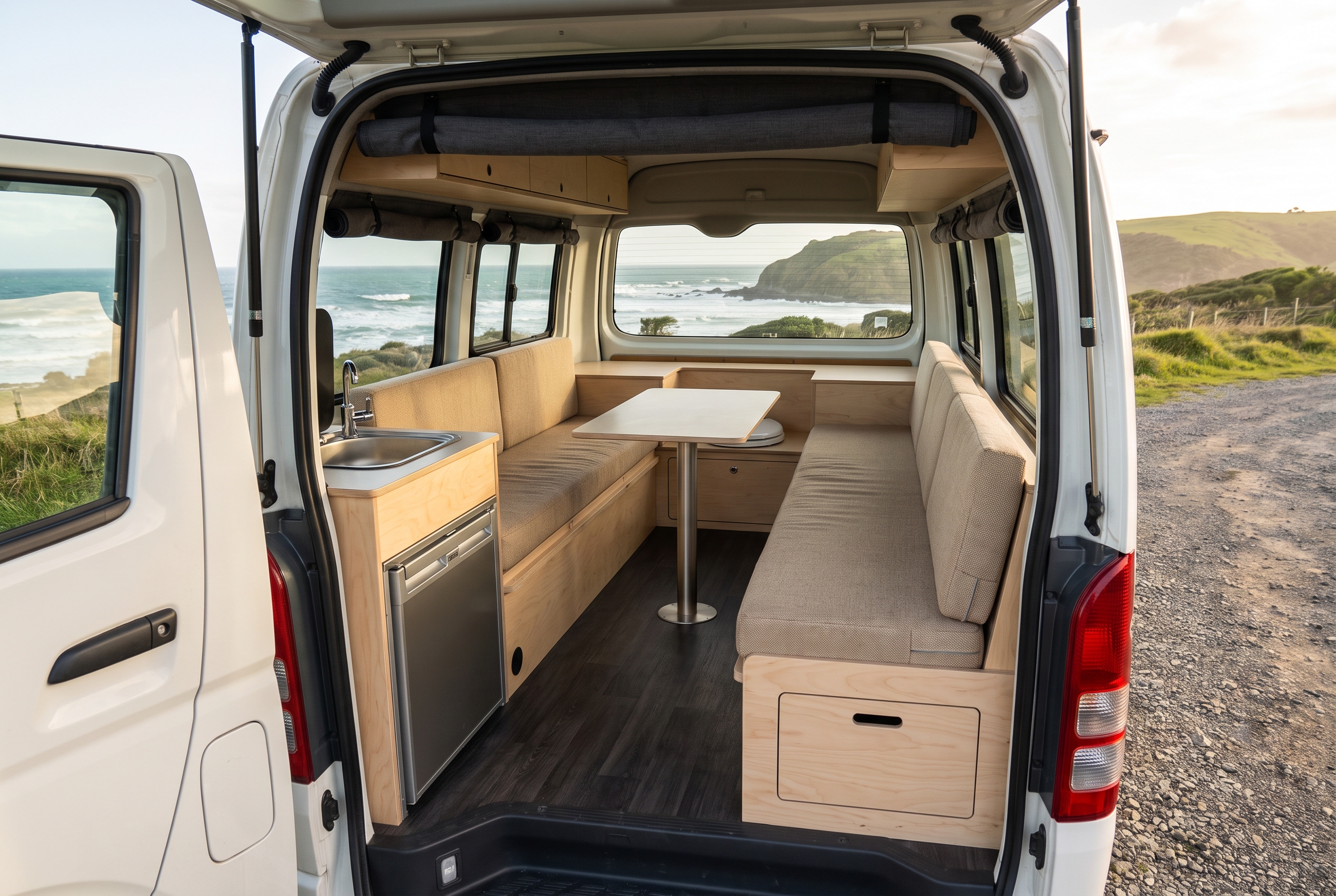 Coastline Lounge layout — twin birch plywood benches with sand cushions, a removable centre table and compact galley inside a Toyota HiAce at the coast