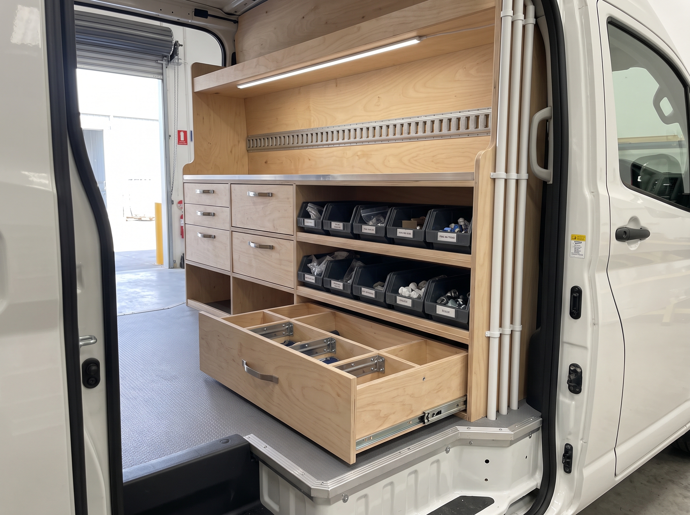 Birch plywood drawers and modular shelving holding organised trade parts