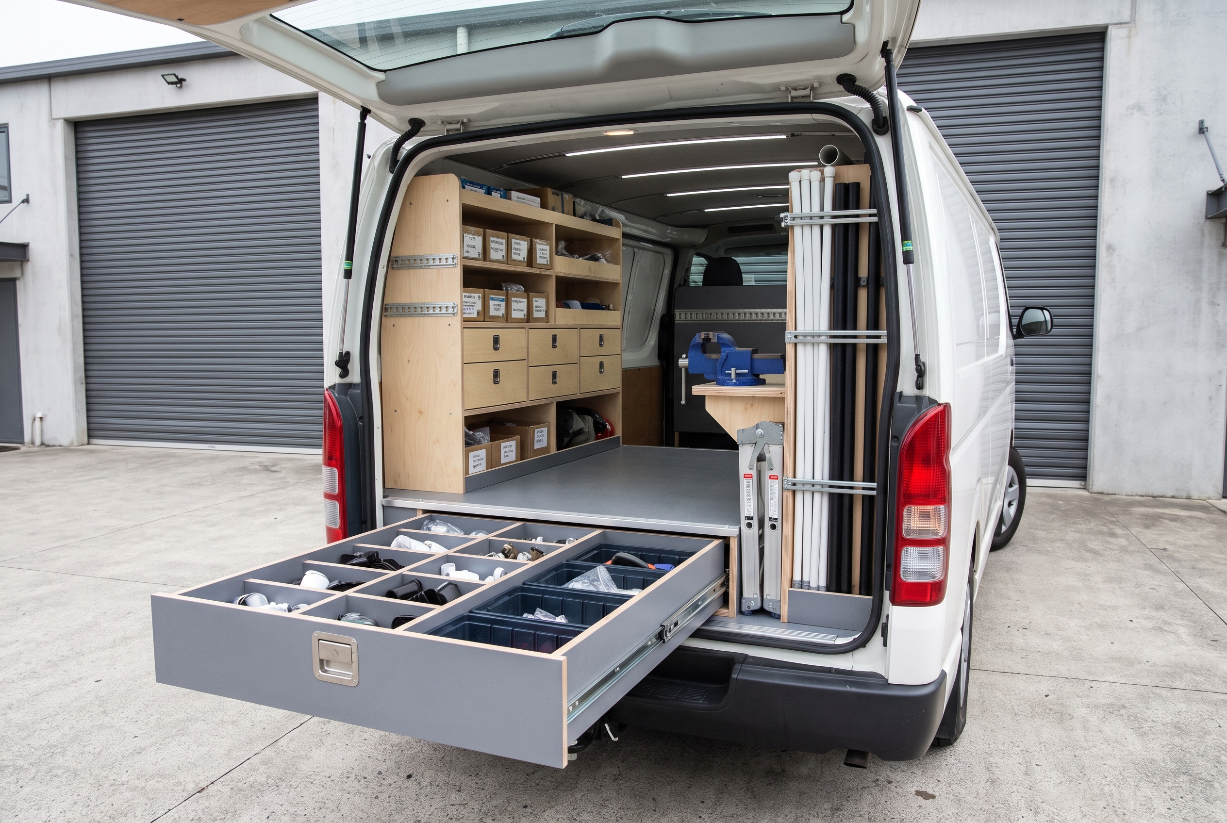 Toyota HiAce fitted as a mobile workshop with a full-width pull-out parts drawer and vertical pipe storage