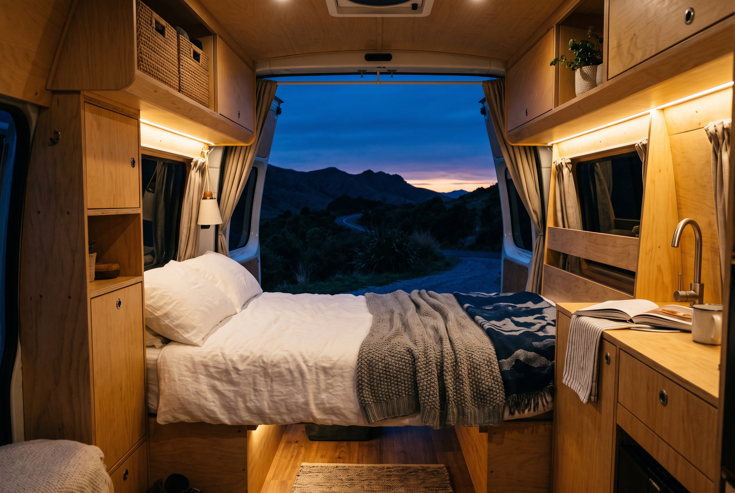 Campervan conversion interior with the bed made up at dusk