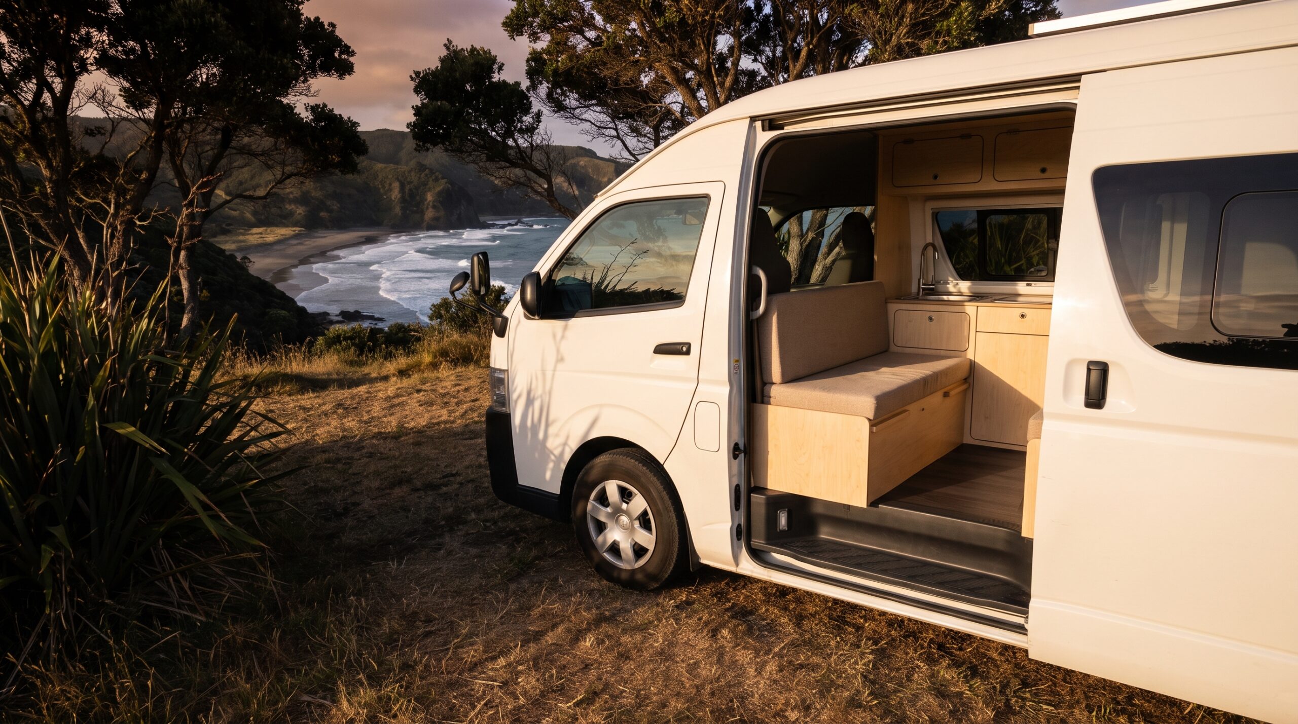 Converted Toyota HiAce campervan with the side door open on a New Zealand coastal headland
