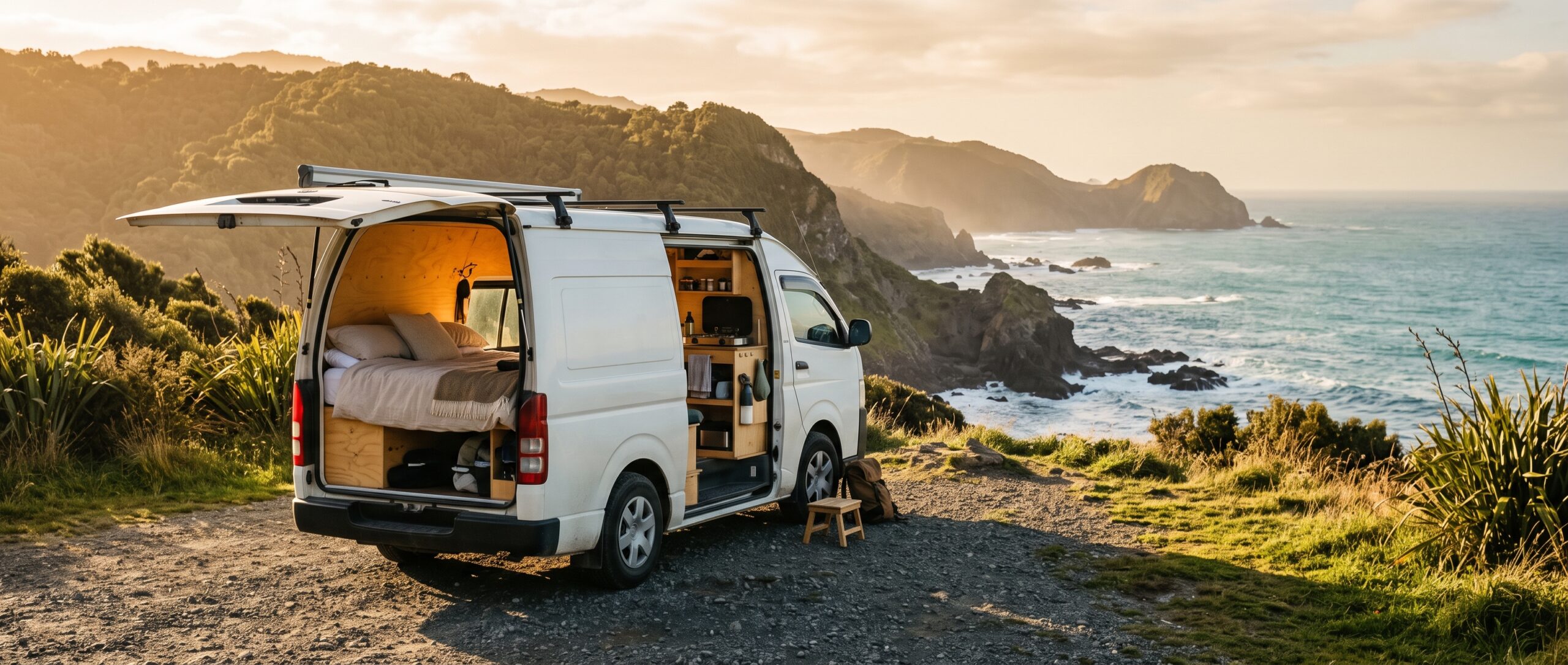 Converted Toyota Hiace campervan with rear doors open at a New Zealand coastline