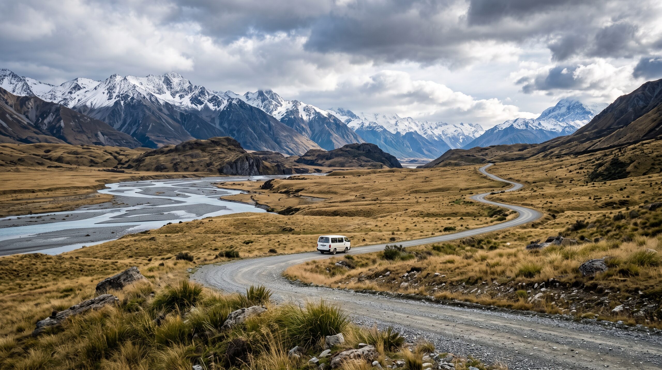 Toyota Hiace campervan on a New Zealand high country gravel road