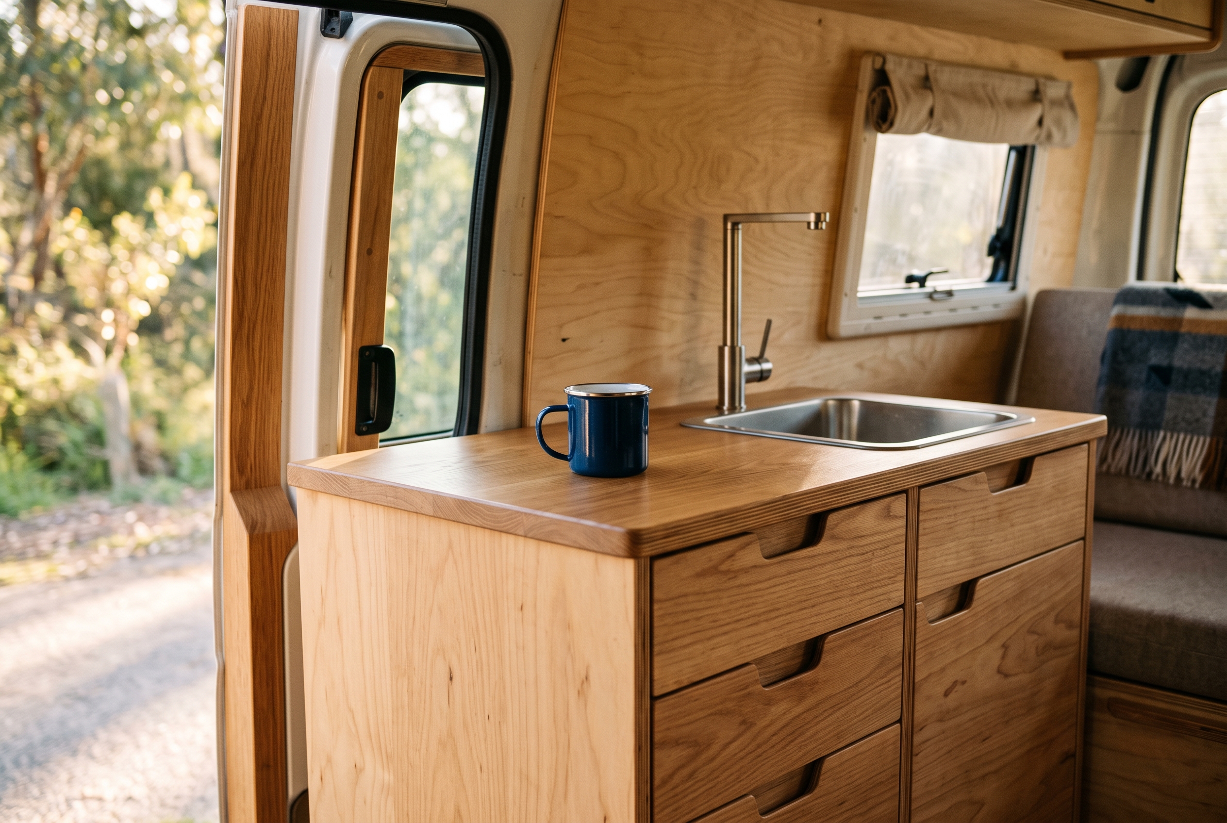 Birch plywood campervan galley with stainless steel sink
