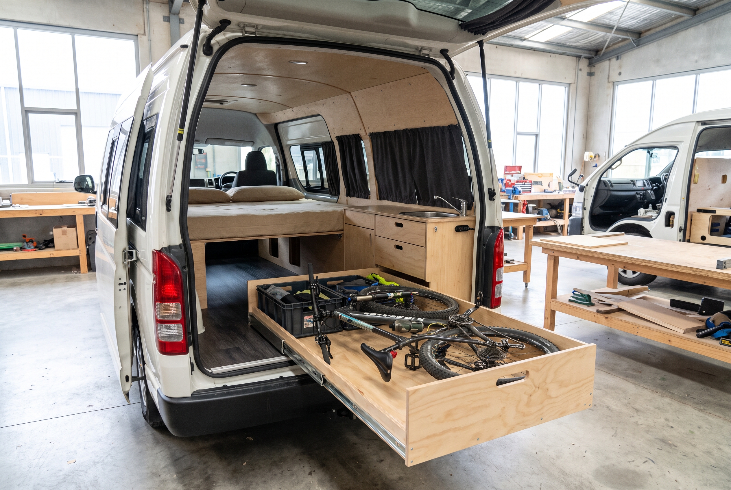 Trail Garage layout — fixed double bed above a pull-out rear tray holding a mountain bike, with a birch plywood galley opposite, in a Toyota HiAce