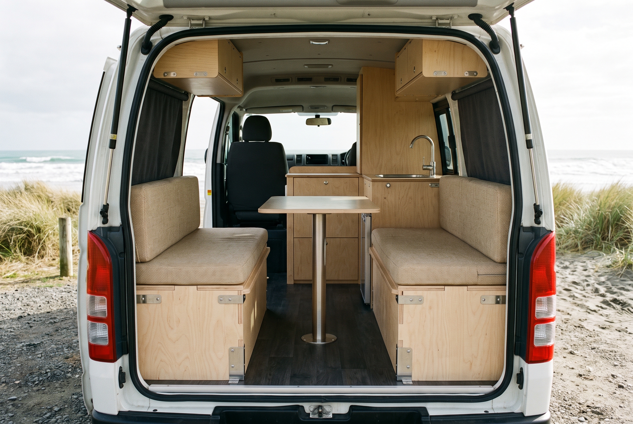 Weekender Flex layout — two opposing plywood benches, a removable centre table and compact galley in a Toyota HiAce campervan kit at a New Zealand beach