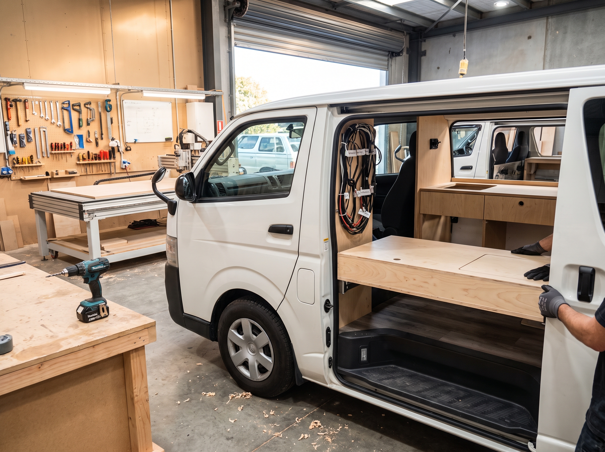 Birch plywood cabinetry being fitted into a Toyota HiAce in the Nomado Auckland workshop